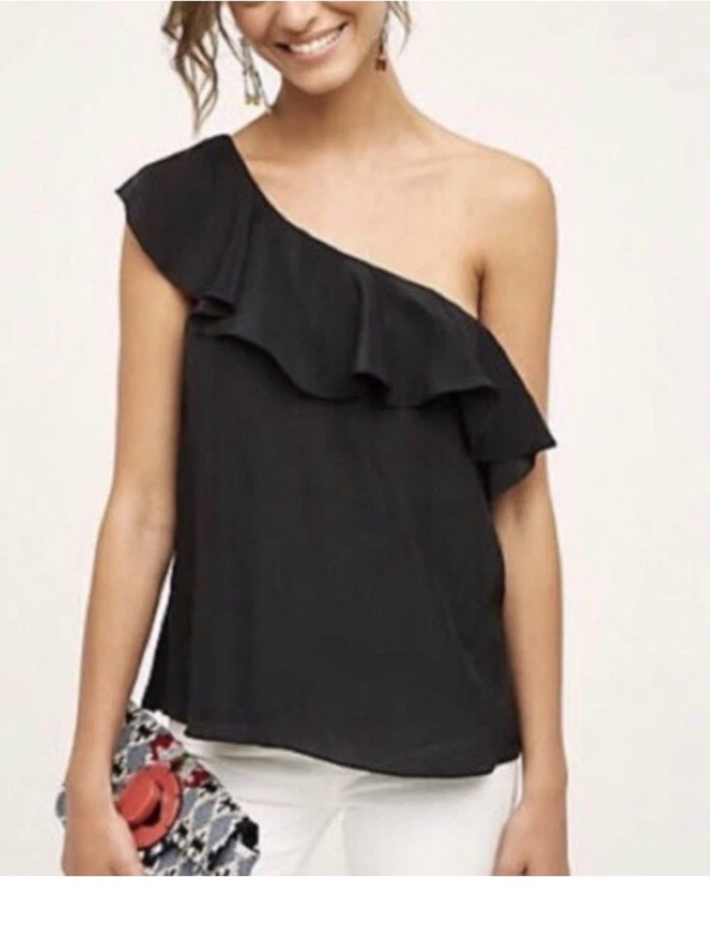 Maeve for Anthropologie One-Shoulder Ruffle 100% silk Top - Black - size 2
